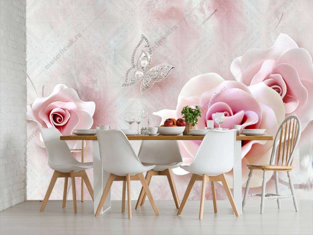 Фотообои в интерьере 3д розы нежные  10-663 фото