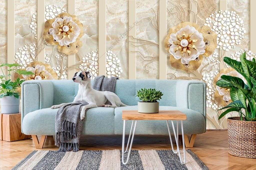 Фотообои в интерьере 3д цветы с драгоценностями  10-929 фото