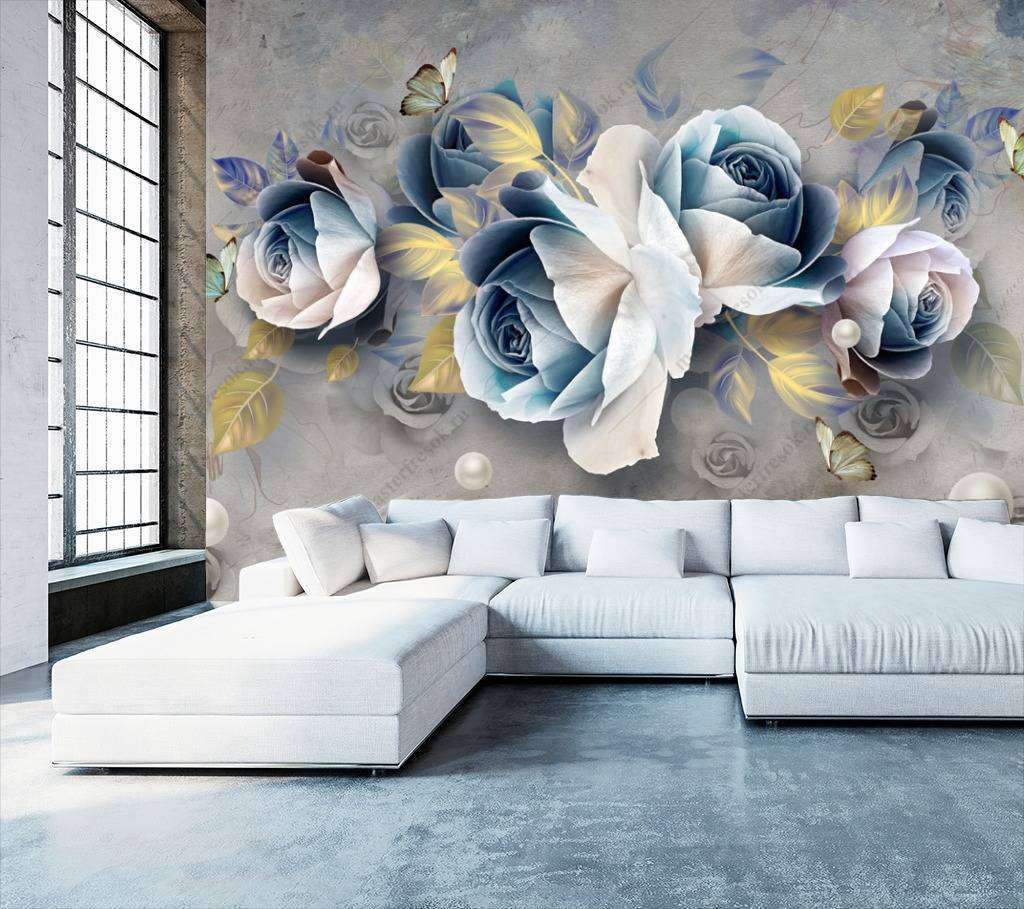 Фотообои в интерьере 3d синие цветы  10-675 фото