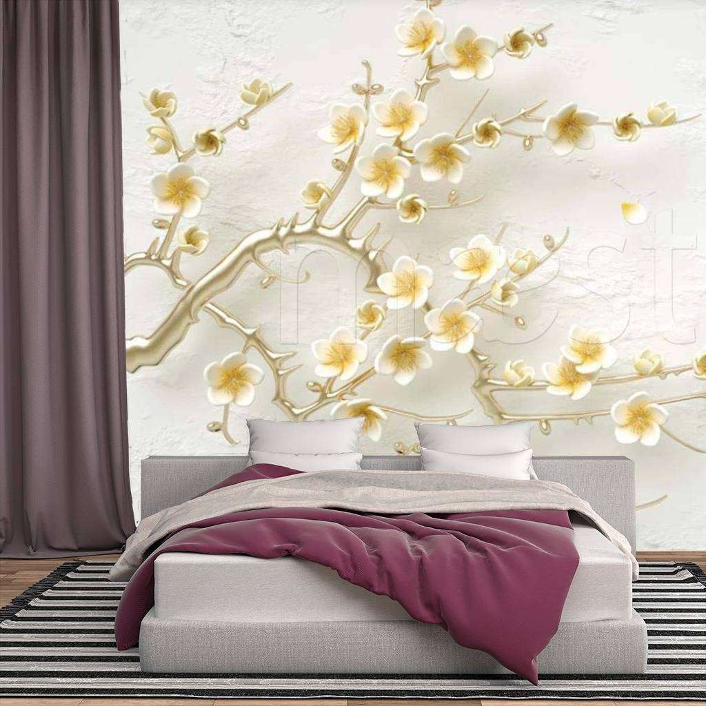 Фотообои в интерьере желтые 3д трехмерные цветы  15-022 фото