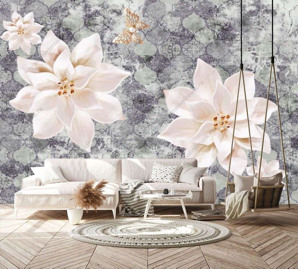 Фотообои в интерьере 3д цветы на ткани  10-920 фото