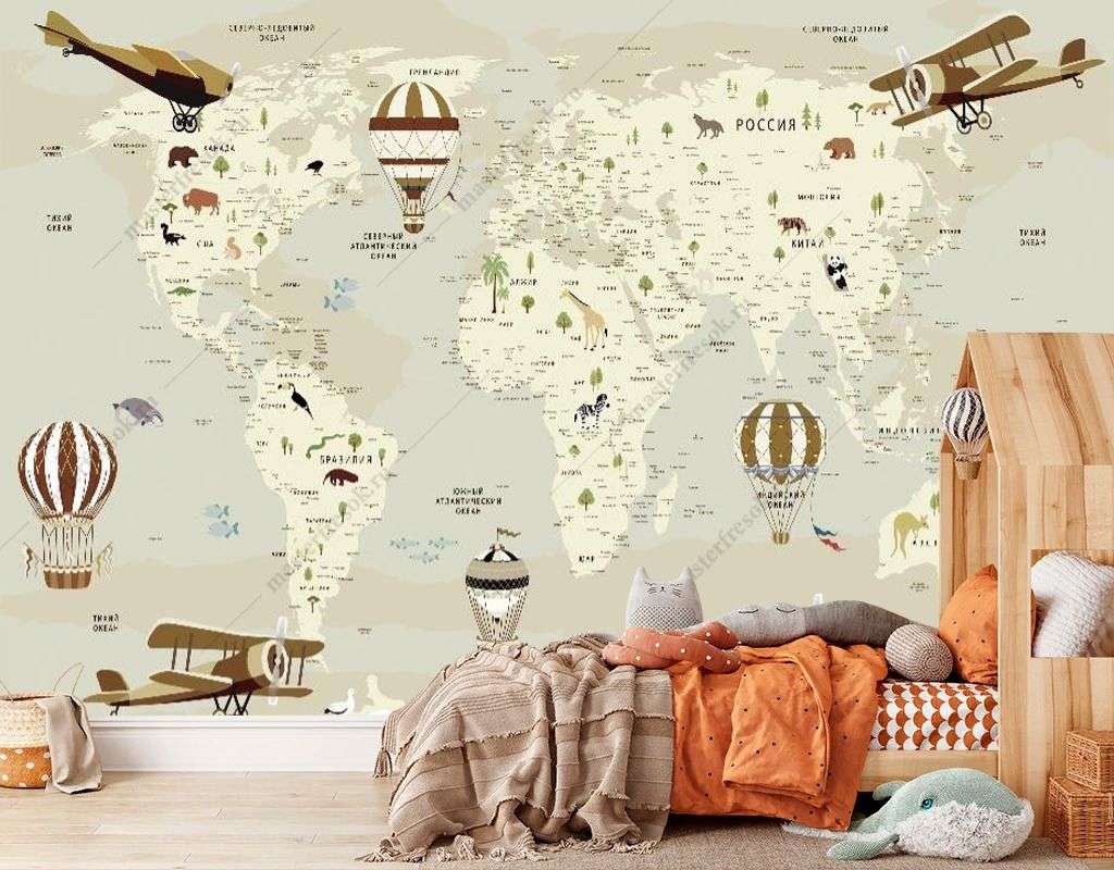 Фотообои в интерьере карта детская с самолетами  14-674 фото