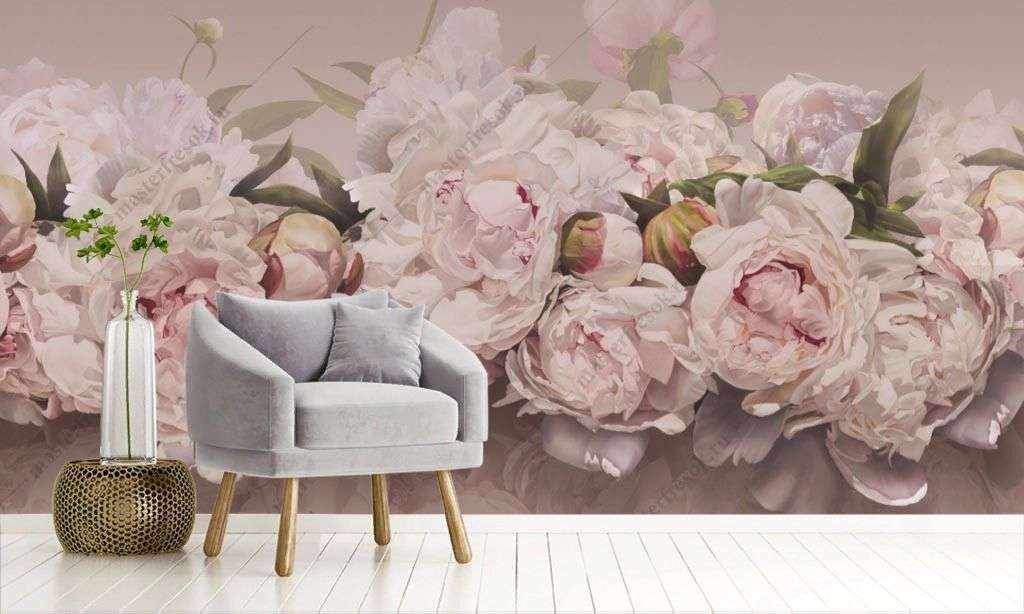 Фотообои в интерьере пионы 3д  14-356 фото