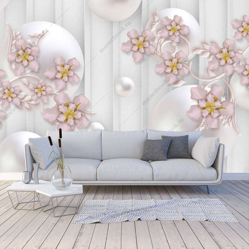 Фотообои в интерьере 3д шары и цветы  10-634 фото