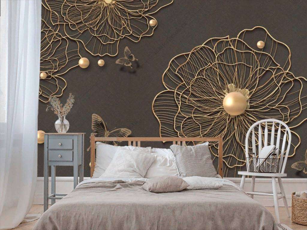 Фотообои в интерьере 3д золотые цветы  10-861 фото