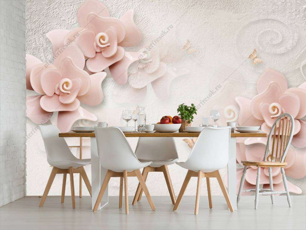 Фотообои в интерьере 3д пыльно розовые цветы  10-645 фото