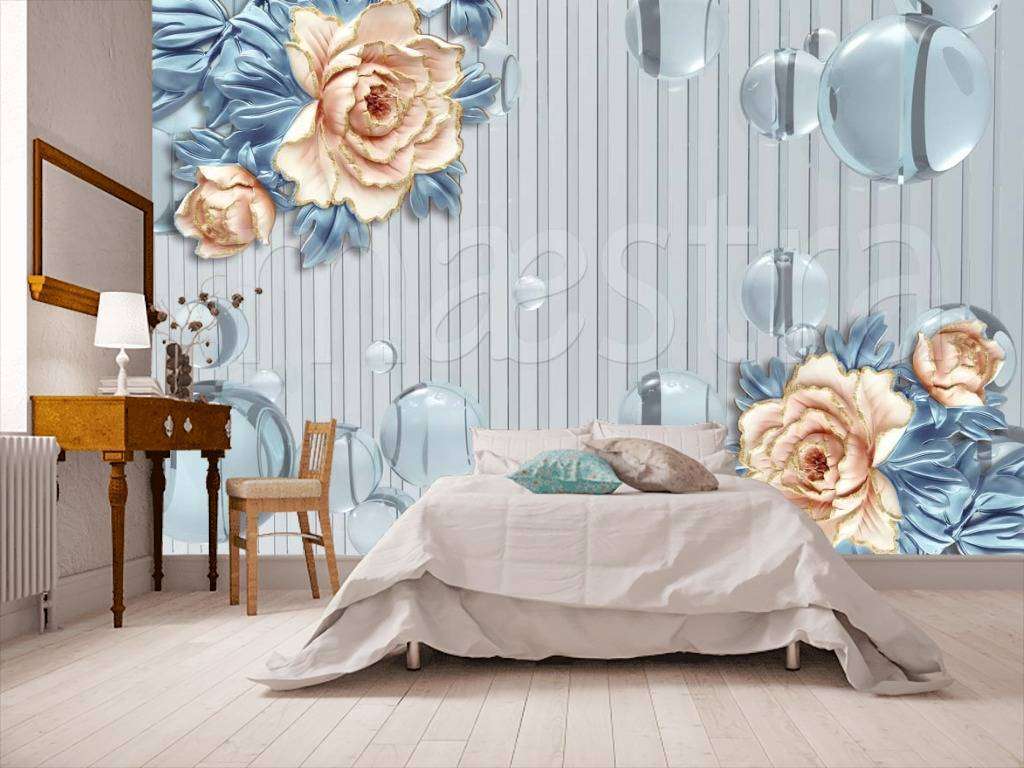 Фотообои 3д цветы с голубыми пузырями  10-489