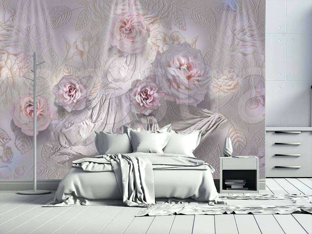 Фотообои в интерьере нежно розовые розы на сером фоне  7-264 фото