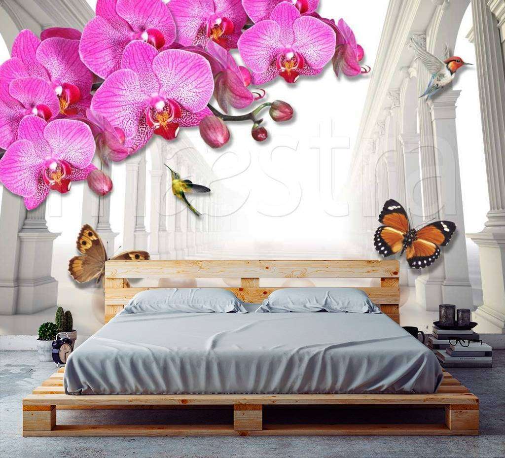 Фотообои в интерьере стереоскопическая розовая орхидея с перспективой  7-486 фото