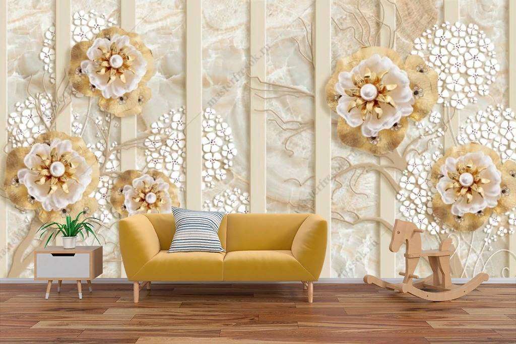 Фотообои в интерьере 3д золотое дерево с цветами  10-842 фото