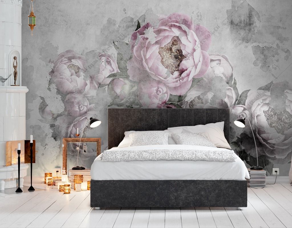 Фотообои Пионы на сером фоне  9-1605