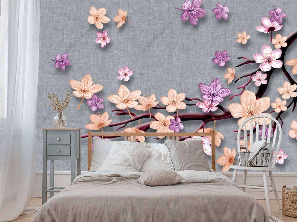 Фотообои в интерьере 3д фон серый с цветами  10-647 фото