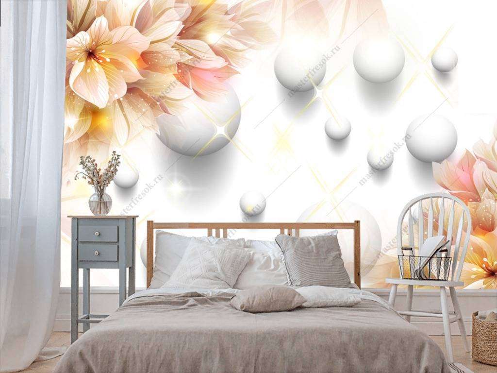 Фотообои в интерьере 3д цветы и шарики  10-626 фото