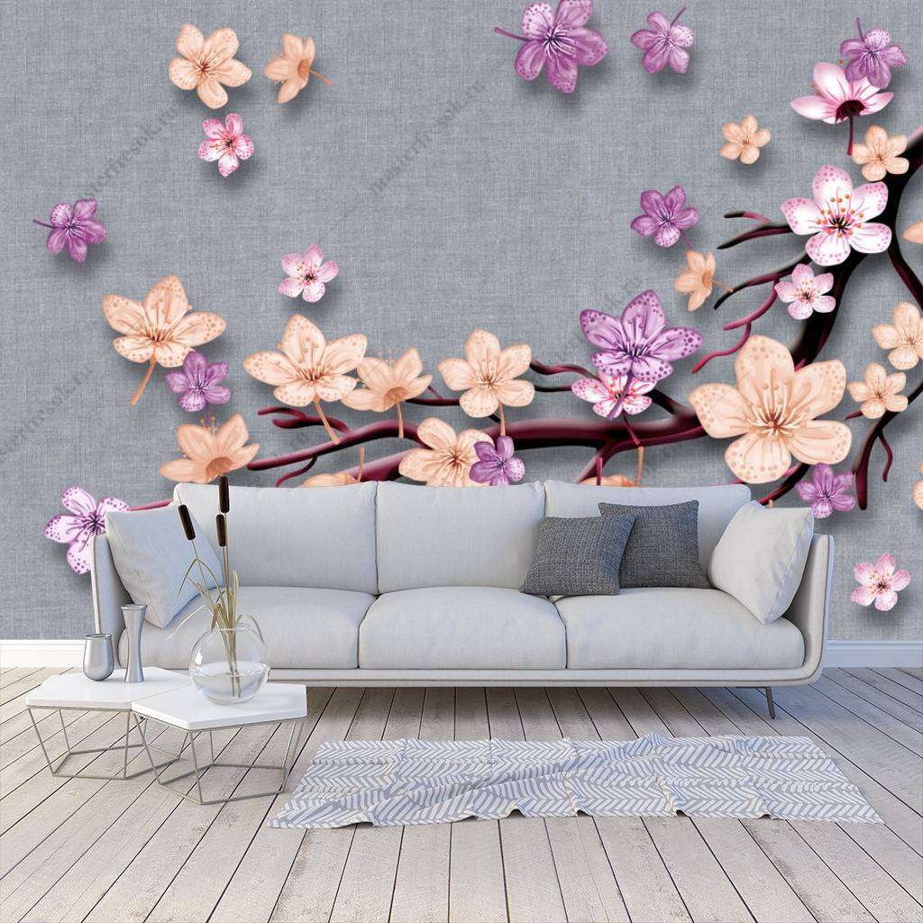 Фотообои в интерьере 3д фон серый с цветами  10-647 фото