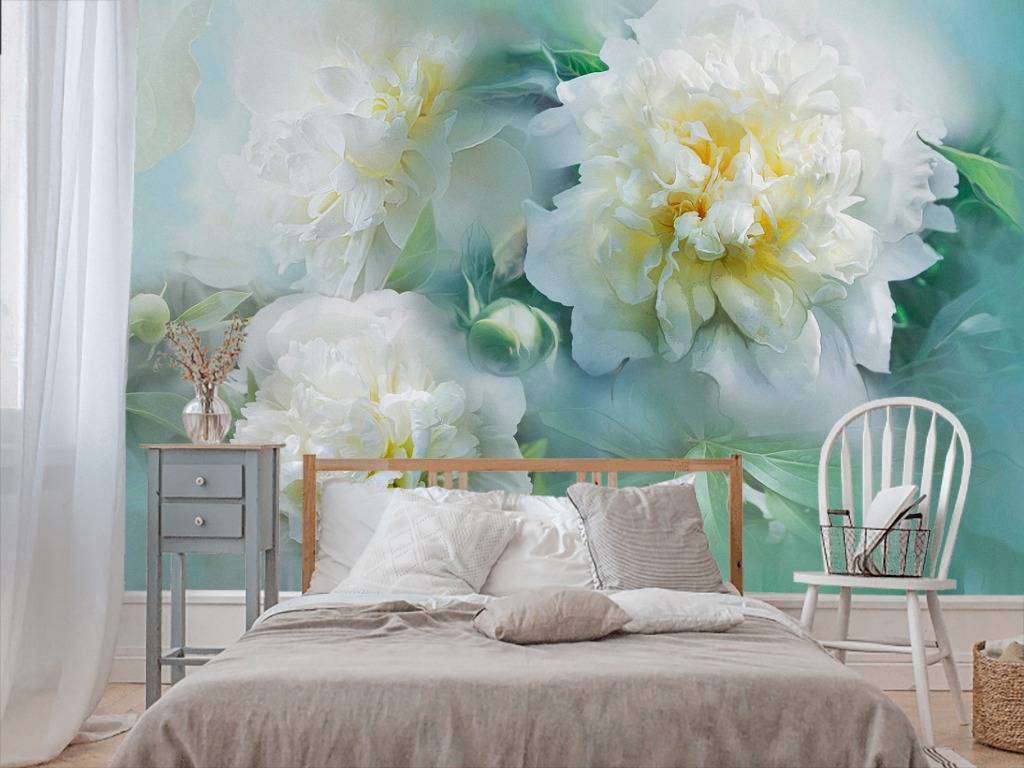 Фотообои в интерьере пион 3д в дымке  13-240 фото