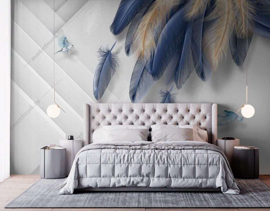 Фотообои в интерьере синие перья  9-1668 фото