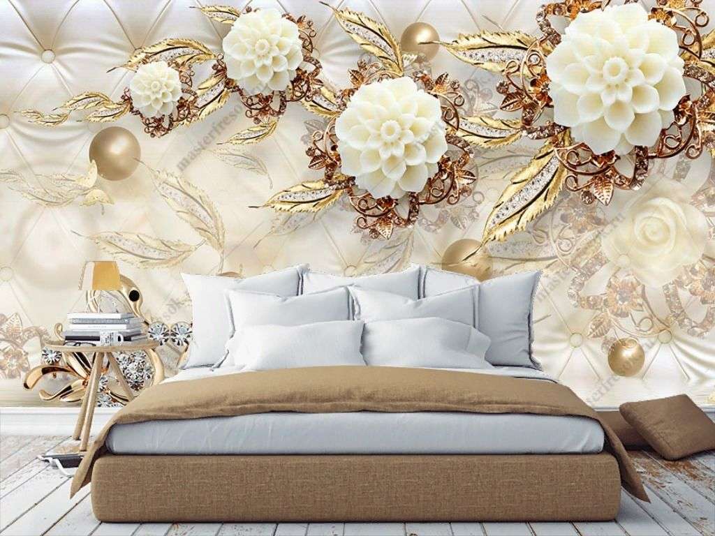Фотообои в интерьере 3д цветы золотые  10-897 фото