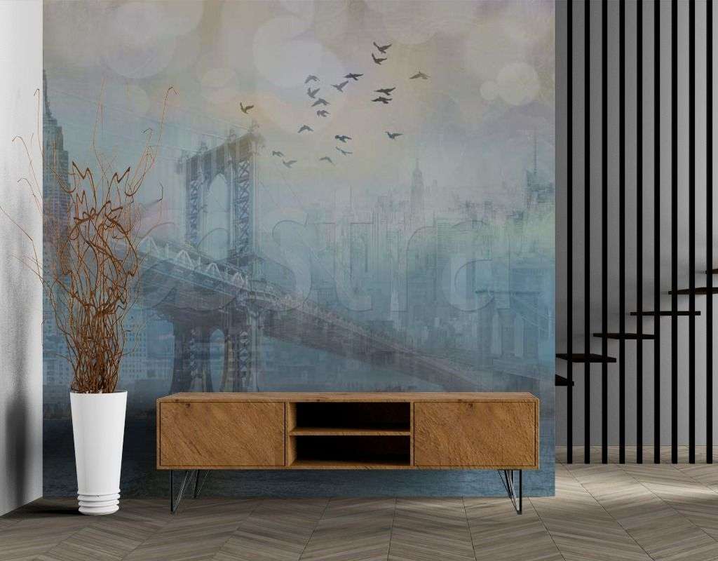 Фотообои в интерьере город и мосты в тумане  7-401 фото