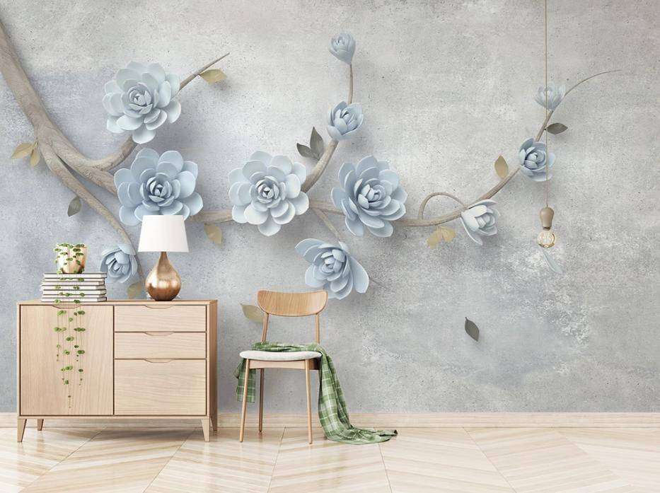 Фотообои в интерьере 3д ветка с голубыми цветами  15-369 фото