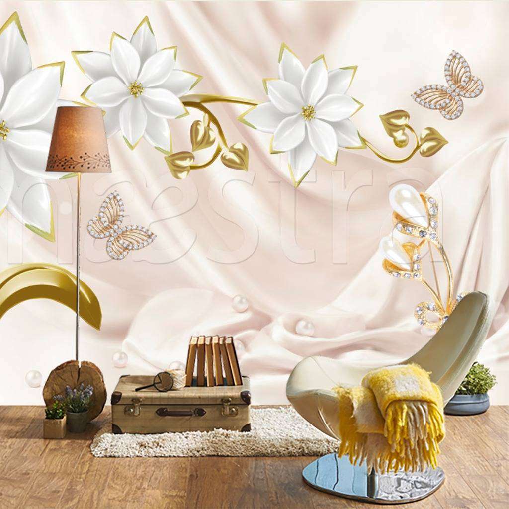 Фотообои Бесшовные обои на стену:  3д цветы на атласном фоне. Артикул: 10-558  