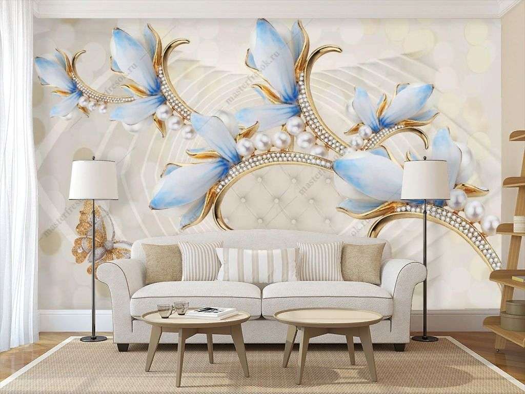 Фотообои в интерьере 3д голубые лепестки  10-922 фото
