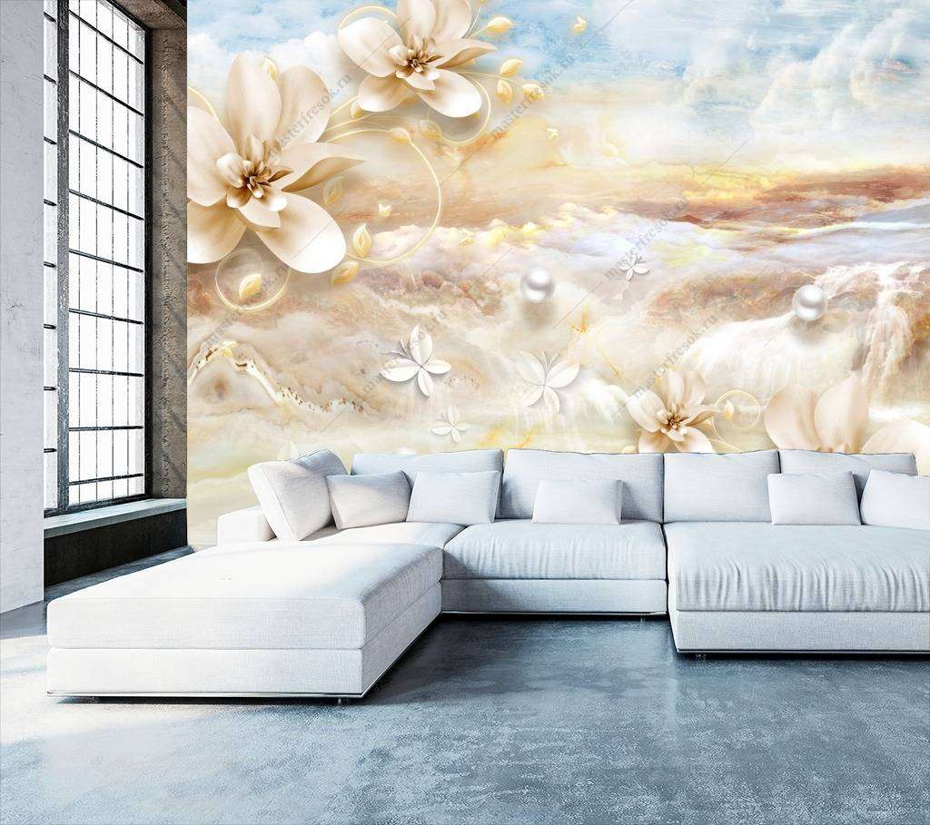 Фотообои в интерьере цветы на фоне гор  10-689 фото