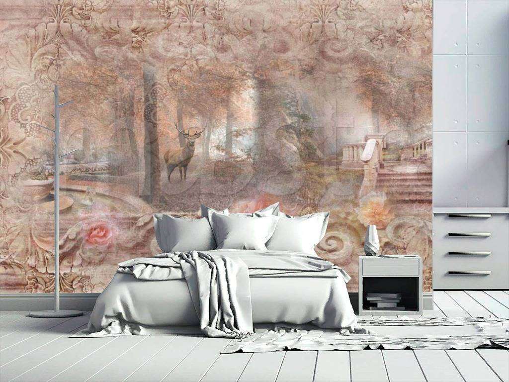 Фотообои в интерьере утренний лес сад в розовых тонах  7-322 фото