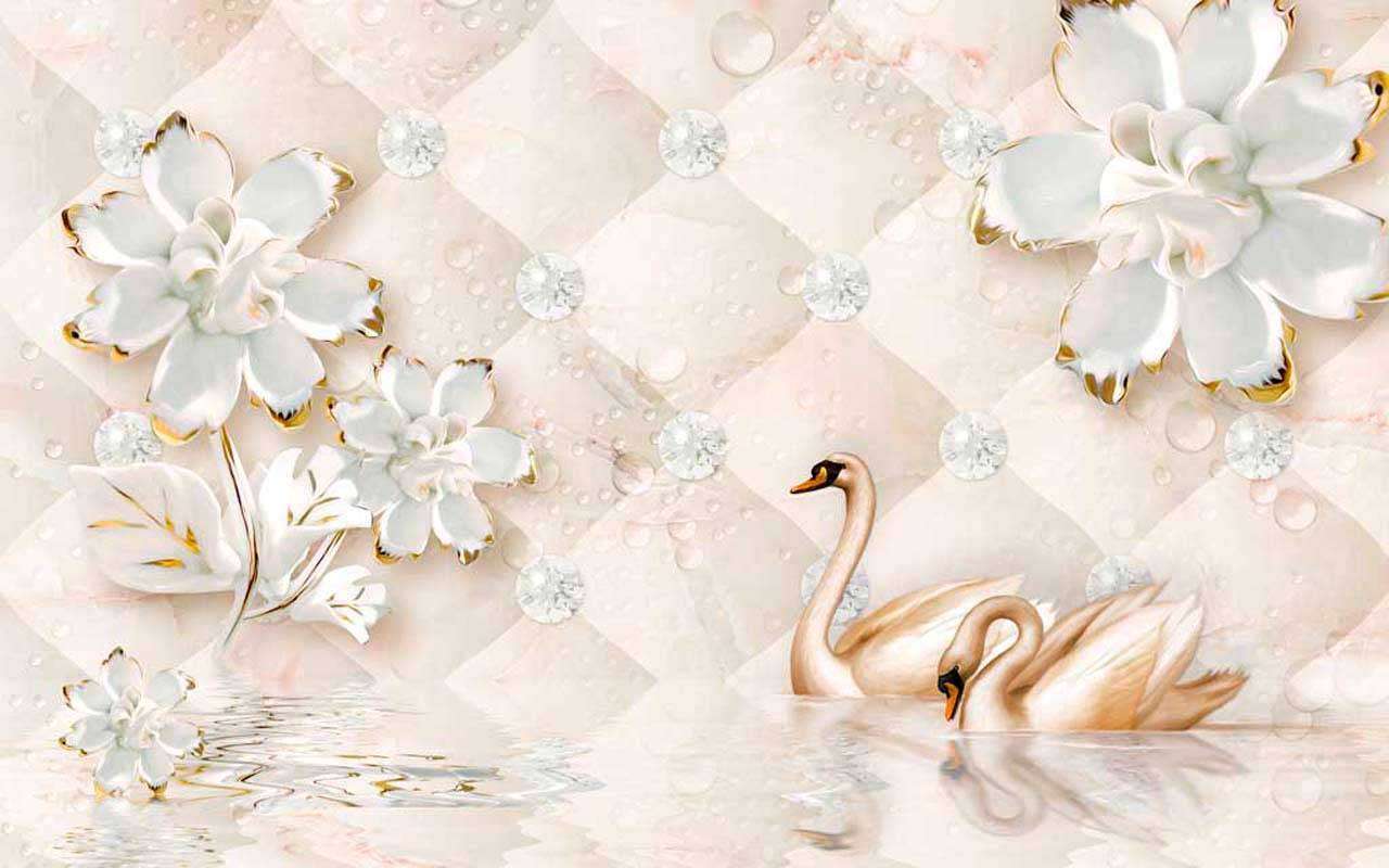 Фотообои в интерьере 3д цветы на бежевом фоне и лебеди  10-453 фото
