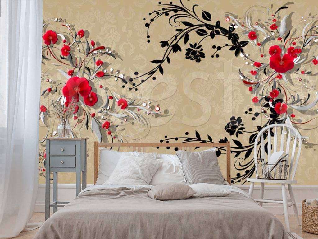 Фотообои Черно красные цветы 3д  7-214