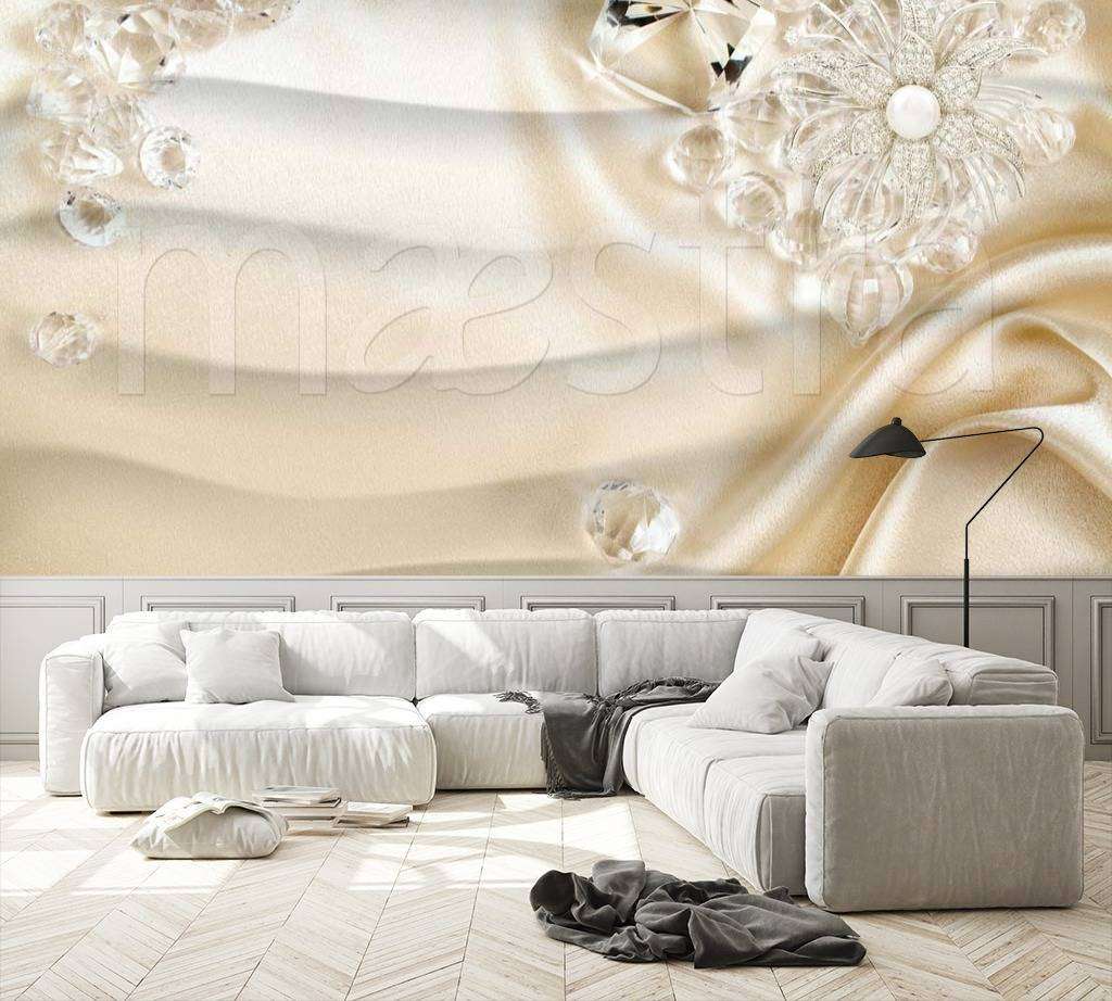 Фотообои в интерьере 3д цветы со стразами на ткани  10-483 фото