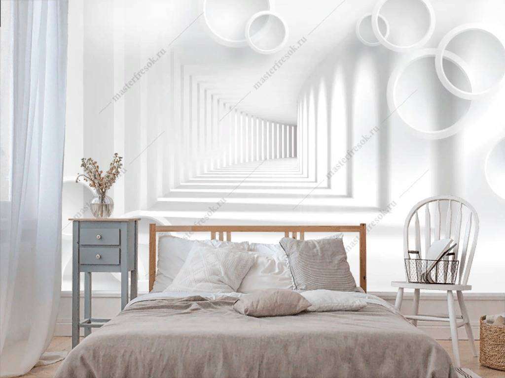Фотообои в интерьере 3д белый тоннель с кругами  10-839 фото