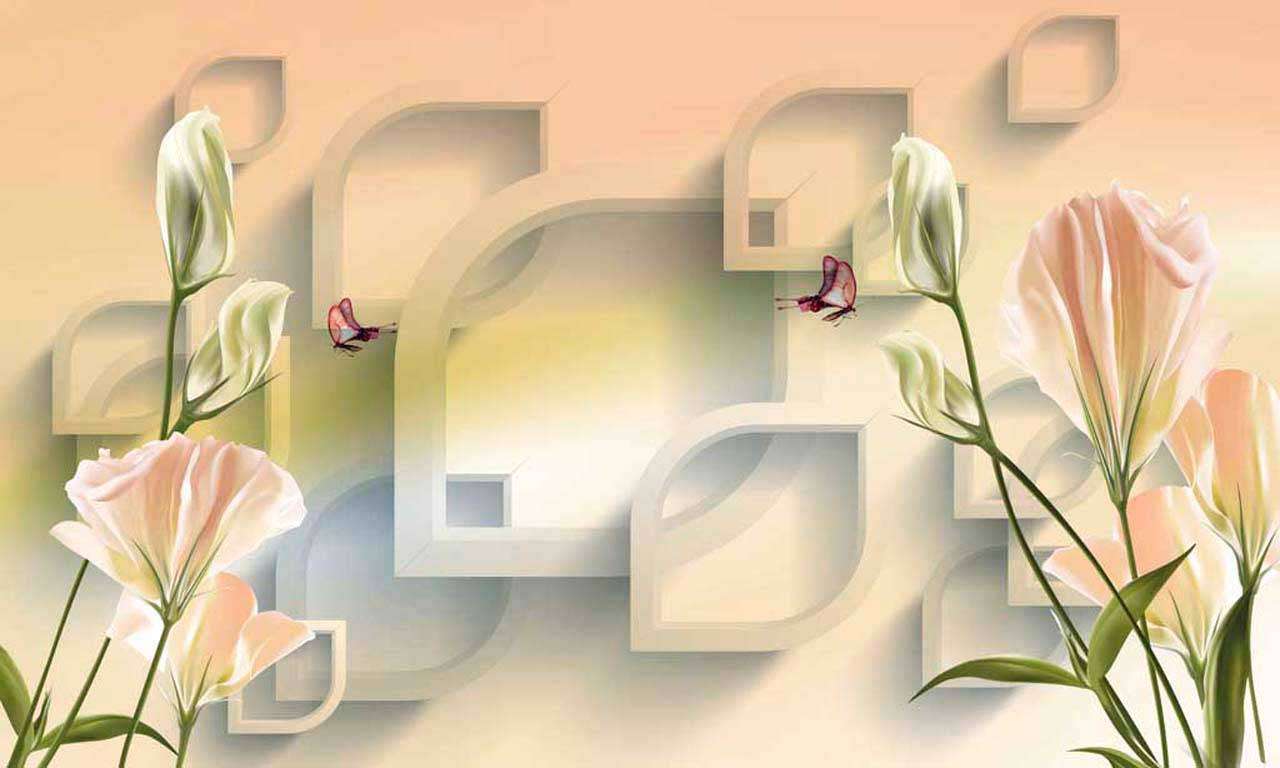 Фотообои в интерьере объемные цветы на 3д фоне  10-414 фото