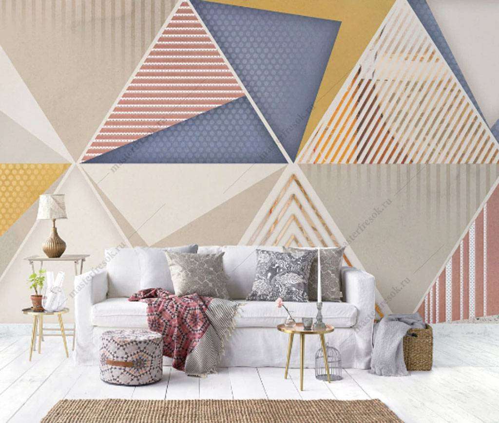 Фотообои в интерьере разноцветные треугольники  15-811 фото