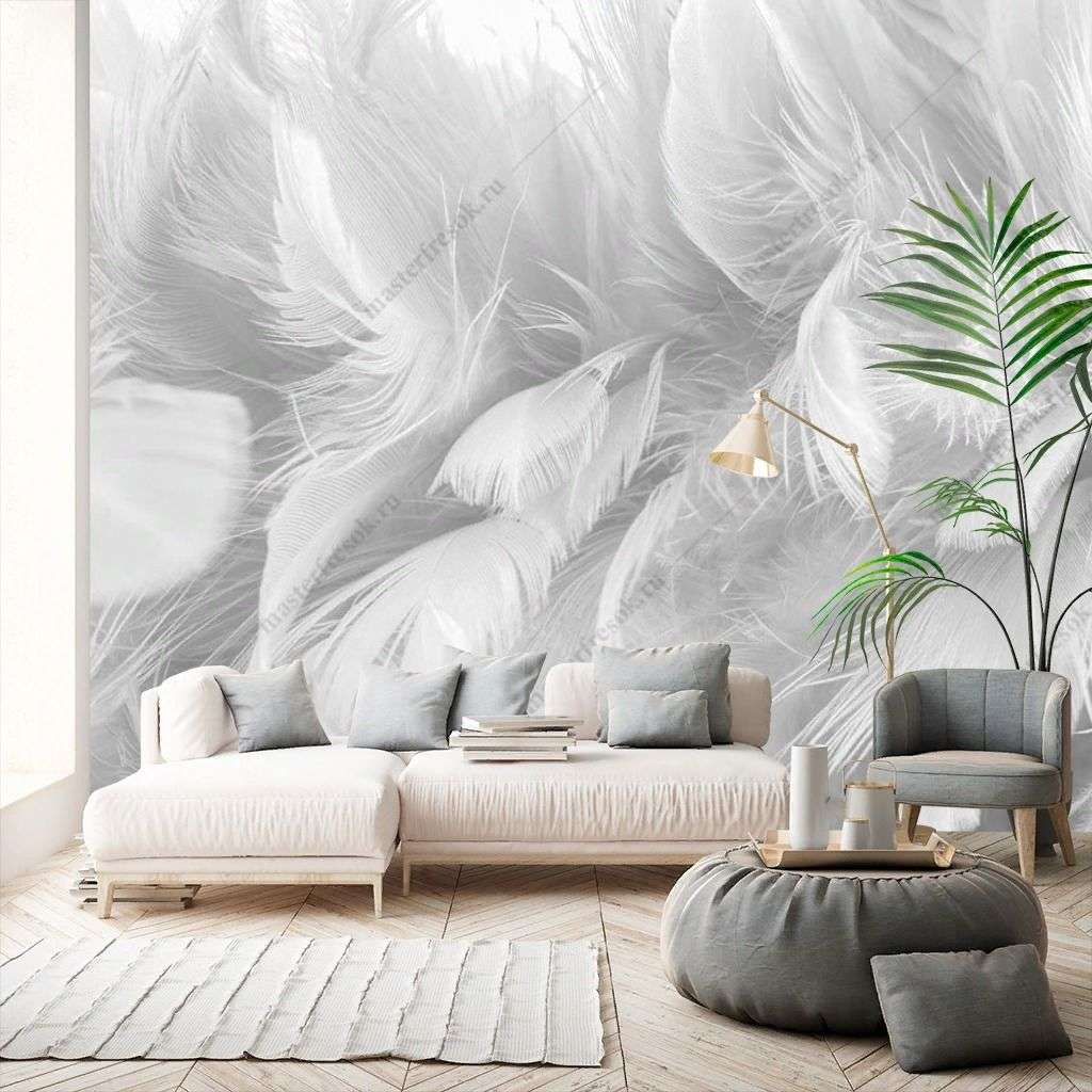 Фотообои в интерьере 3д белые перья  10-896 фото