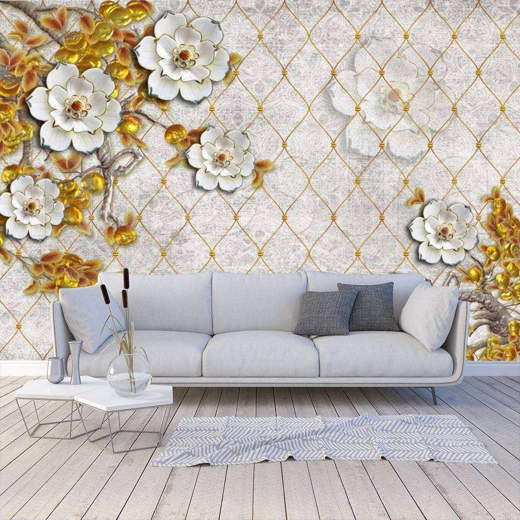 Фотообои 3д цветы с золотыми листьями  10-456