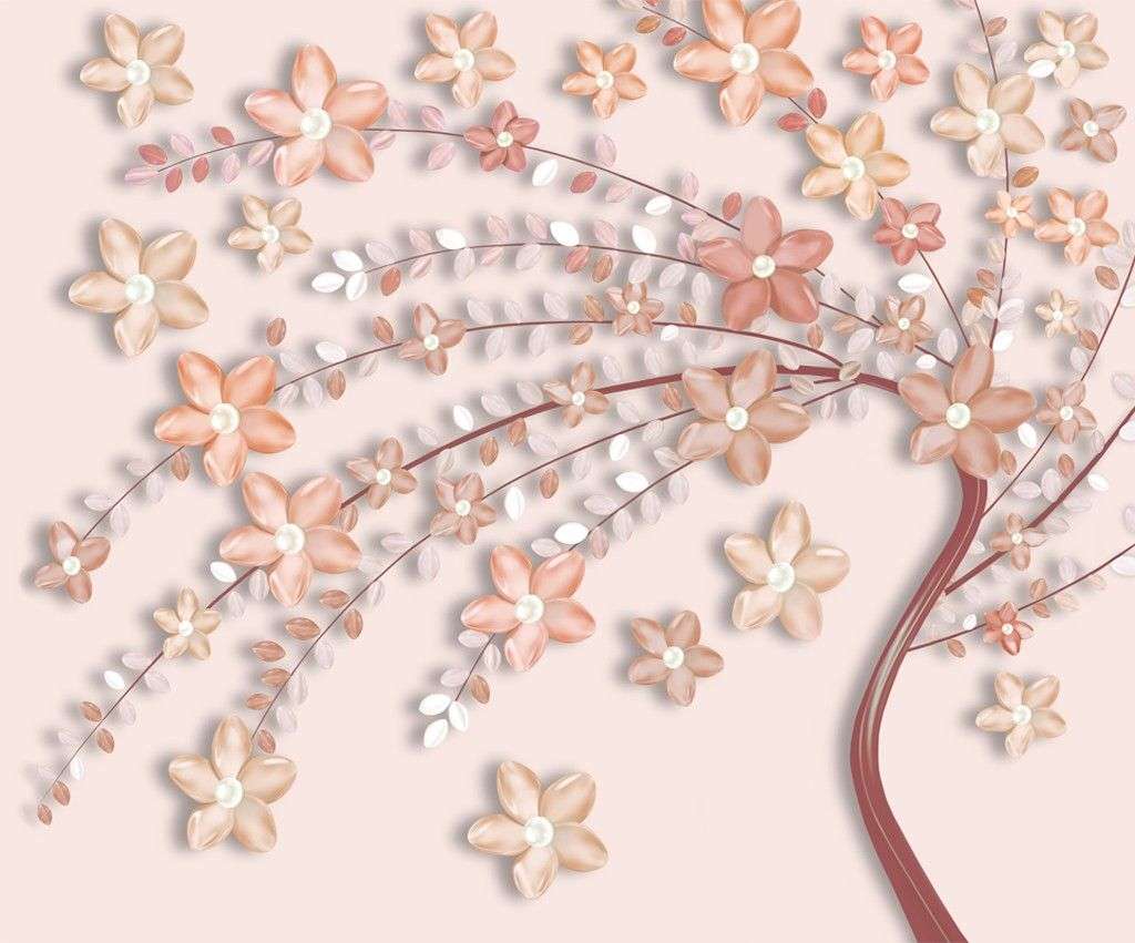 Фотообои в интерьере объёмное дерево с цветами  14-633 фото