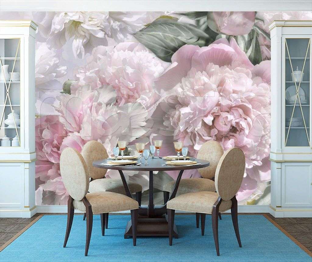 Фотообои в интерьере букет светлых пионов  7-928 фото