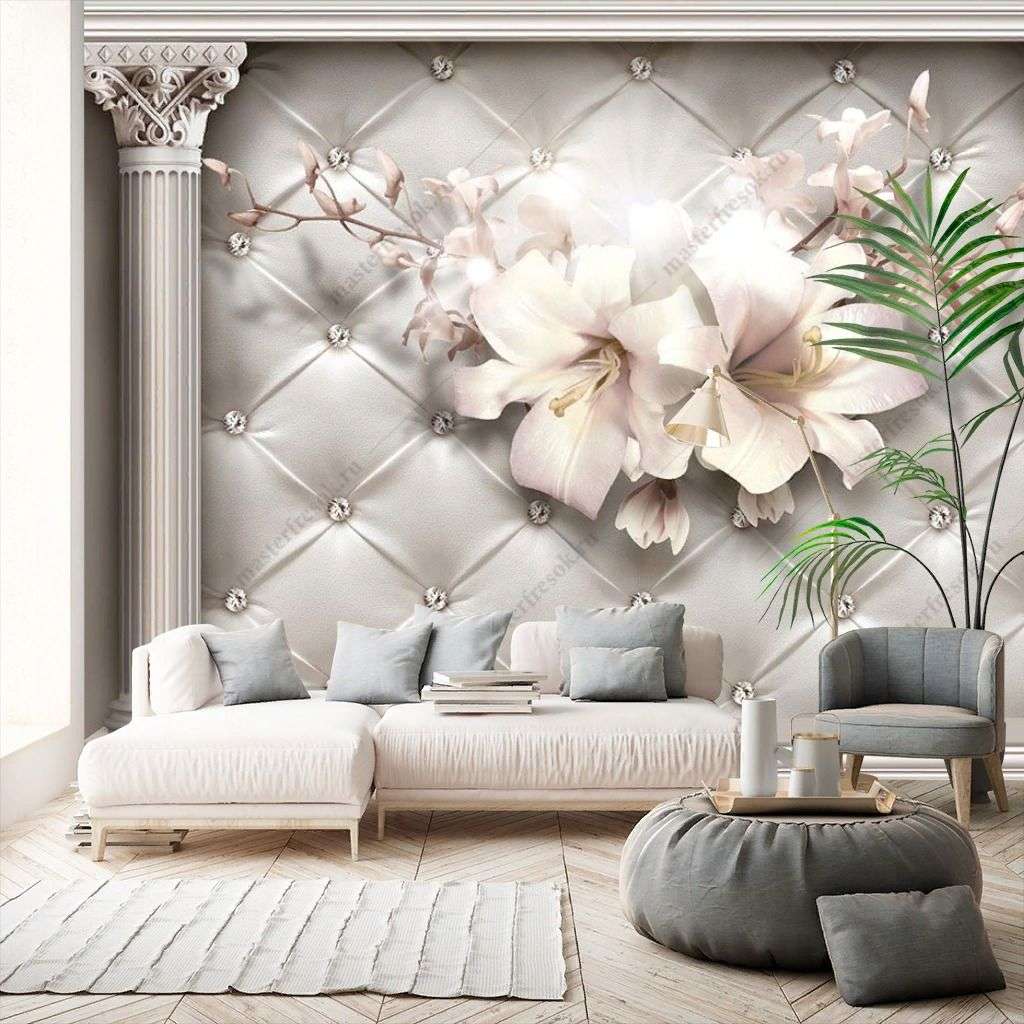 Фотообои в интерьере 3д цветы и колонны  10-899 фото