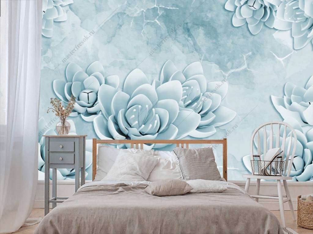 Фотообои в интерьере 3д голубые цветы  10-651 фото