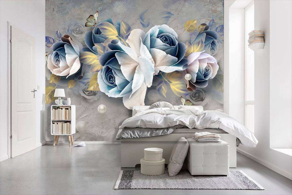 Фотообои в интерьере 3d синие цветы  10-675 фото