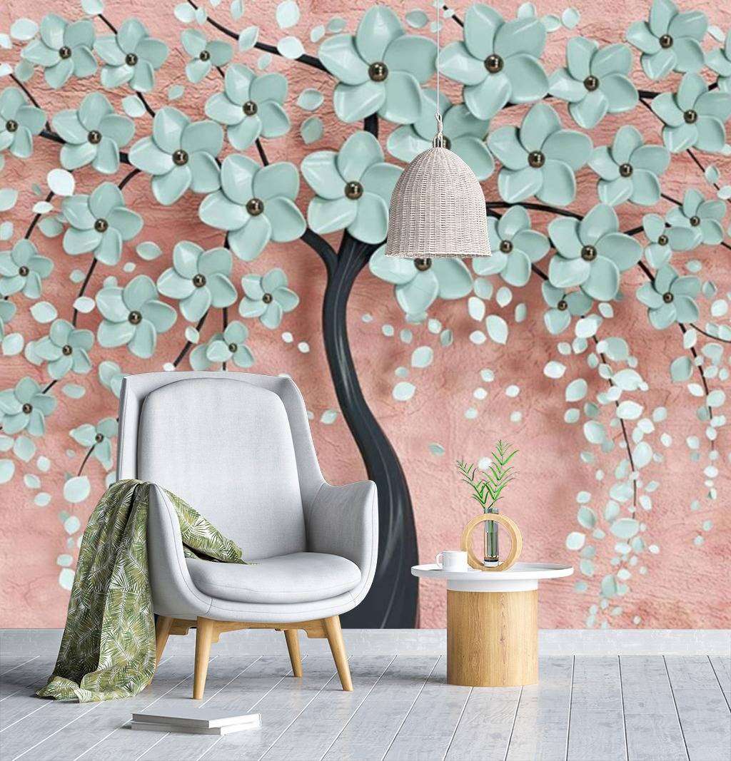 Фотообои в интерьере голубое дерево  15-597 фото