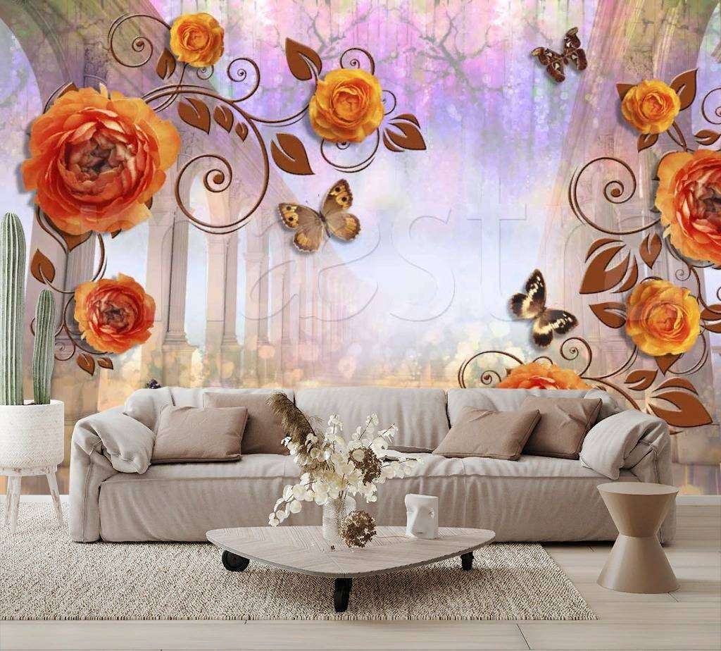 Фотообои в интерьере 3д с цветами и бабочками  7-487 фото