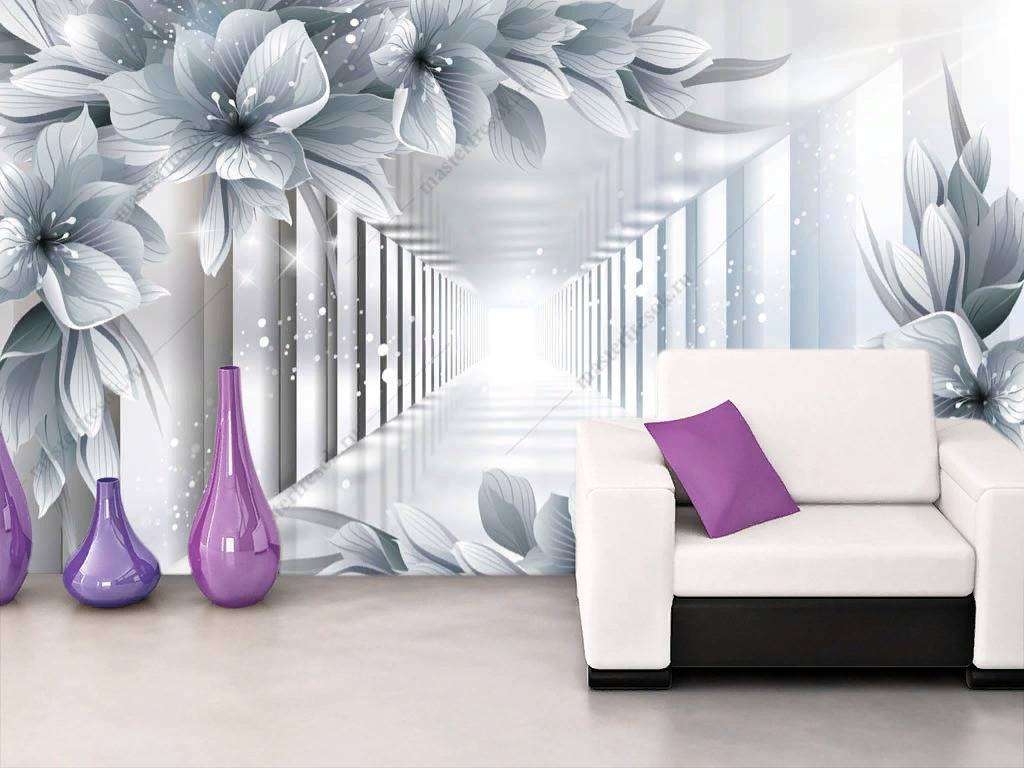 Фотообои в интерьере 3д белые цветы в тоннеле  10-852 фото