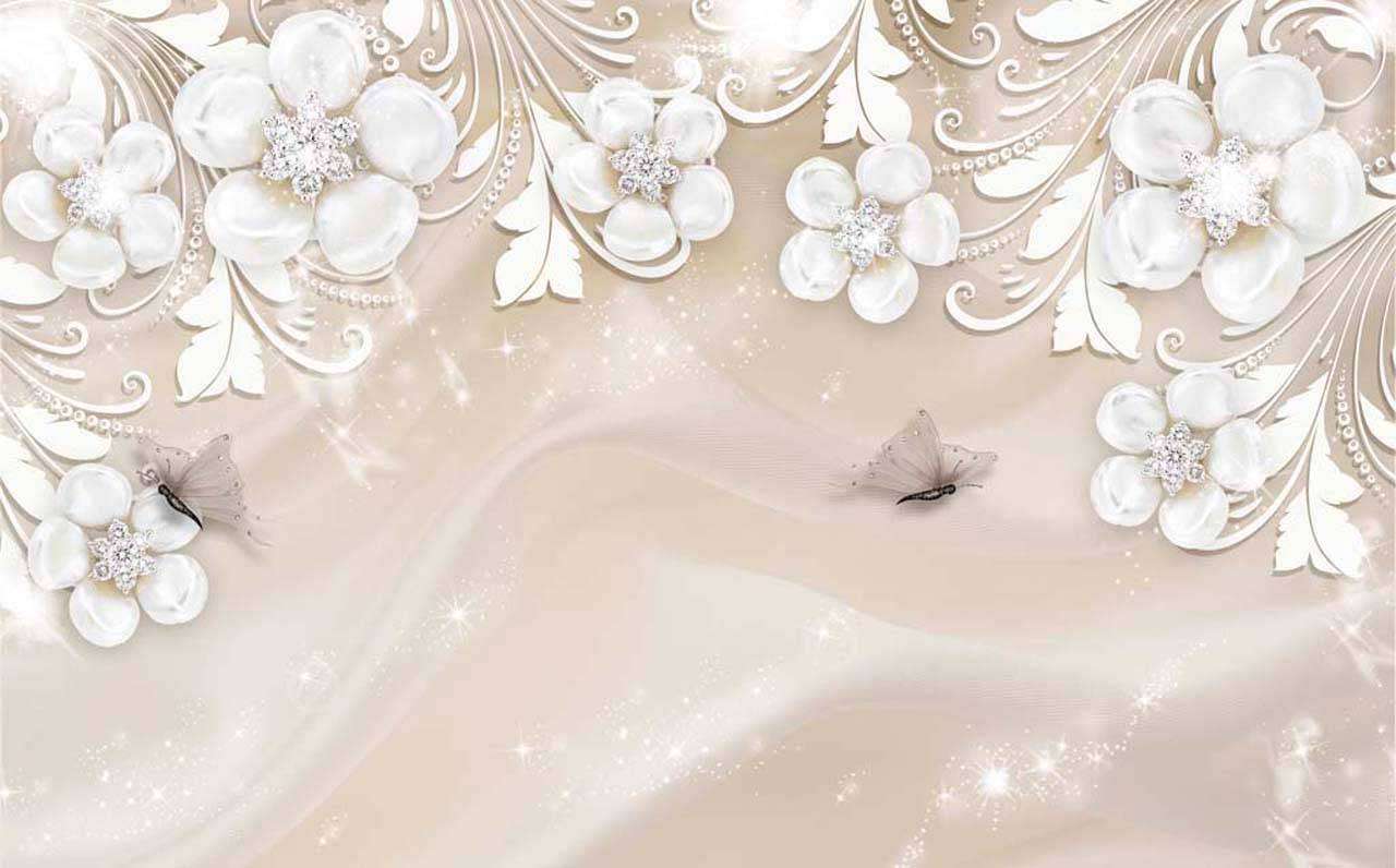 Фотообои в интерьере 3д белые цветы на светлом шелке  10-499 фото