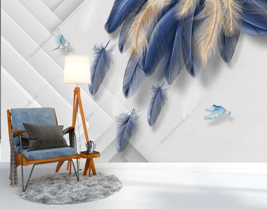 Фотообои в интерьере синие перья  9-1668 фото