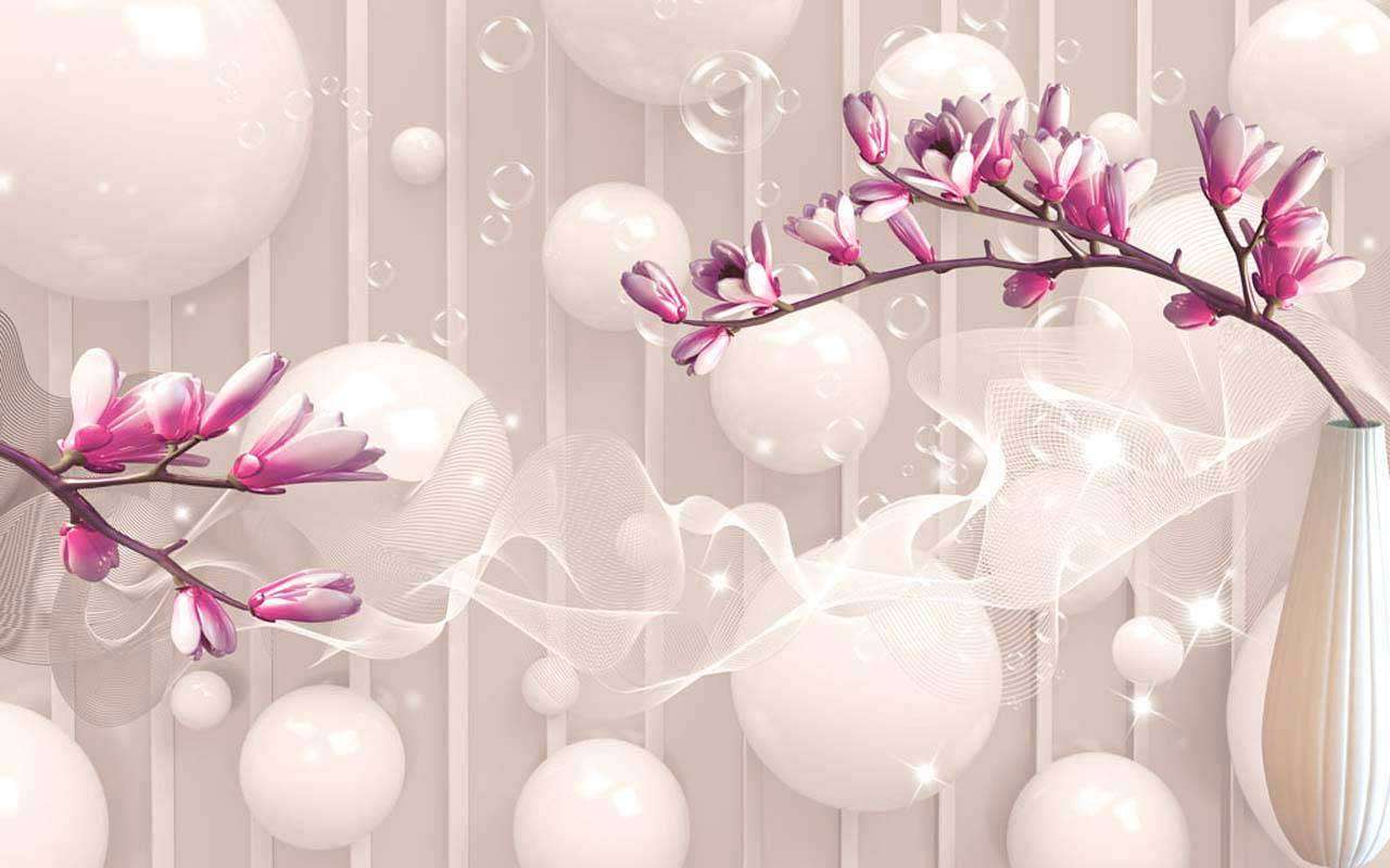 Фотообои в интерьере 3д шары и розовые веточки  10-579 фото