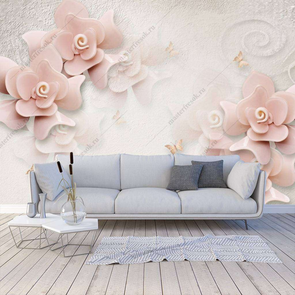 Фотообои в интерьере 3д пыльно розовые цветы  10-645 фото