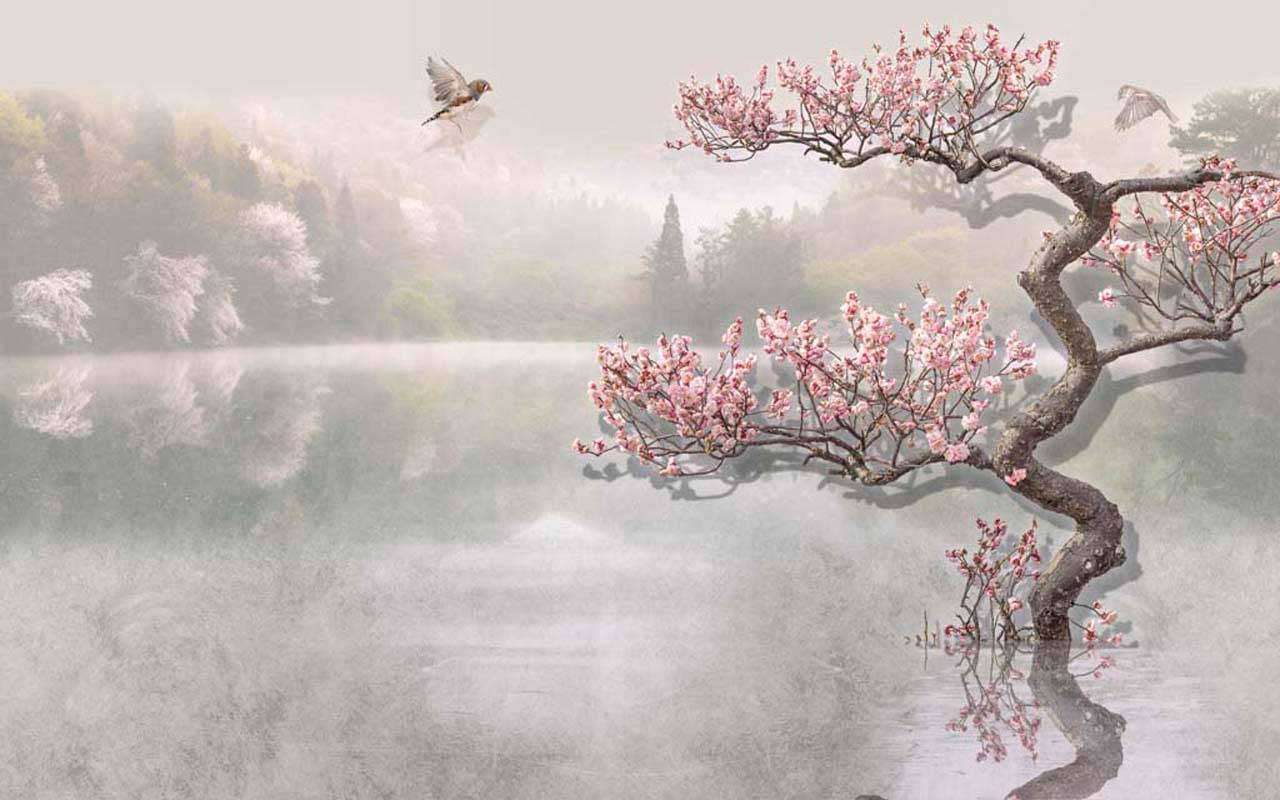 Фотообои в интерьере японский сад на берегу  7-761 фото