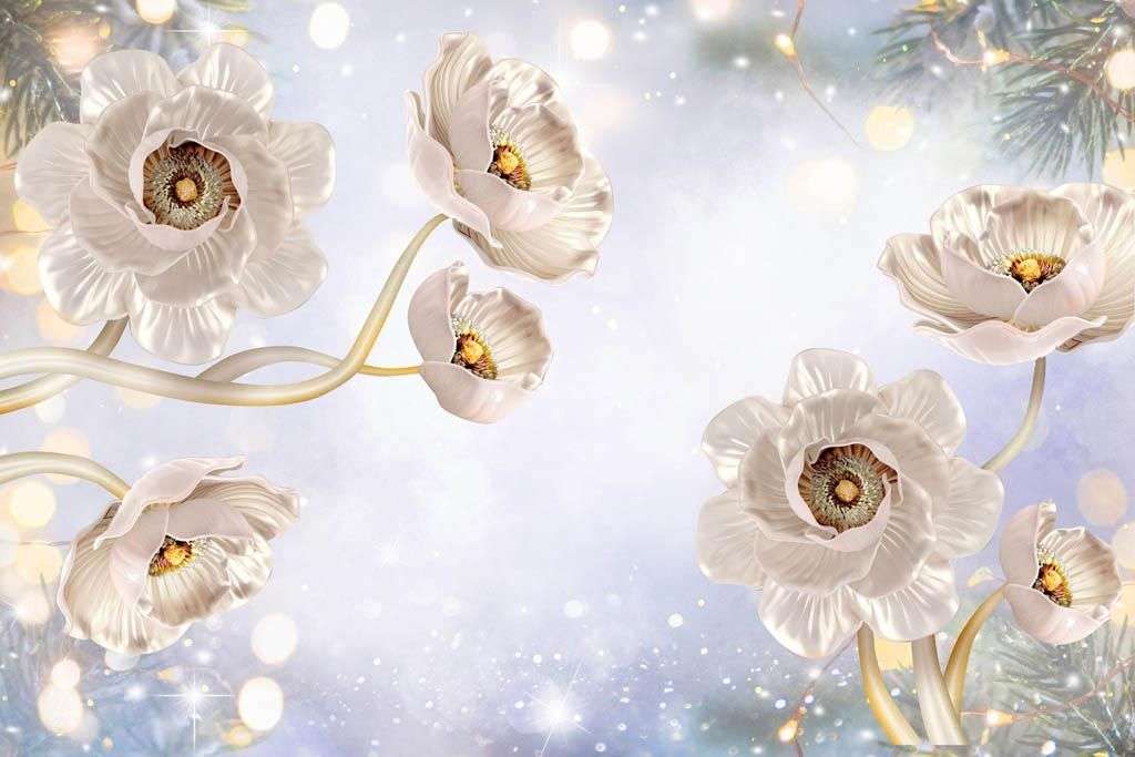 Фотообои в интерьере 3д цветы на зимнем фоне  10-921 фото