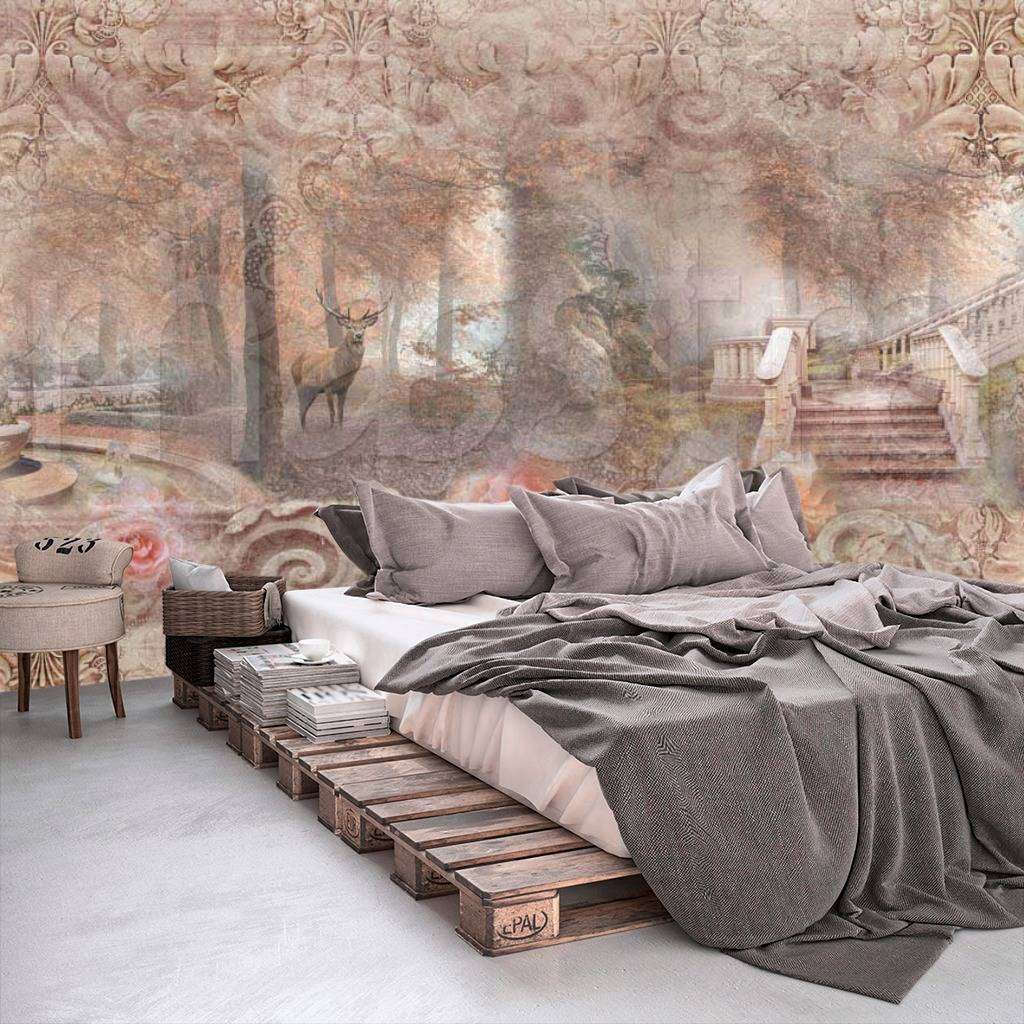 Фотообои в интерьере утренний лес сад в розовых тонах  7-322 фото